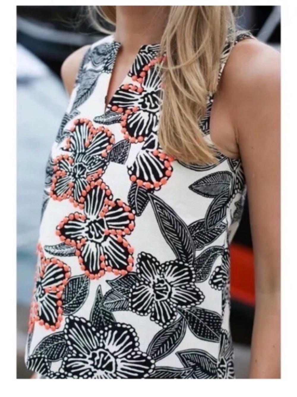 J. Crew Coral Bead & Black Floral Tank Top
